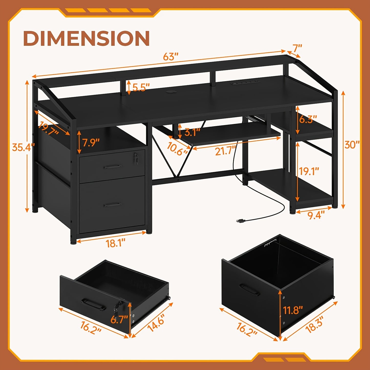 63" Computer Desk with Lockable Drawers & LED Lights