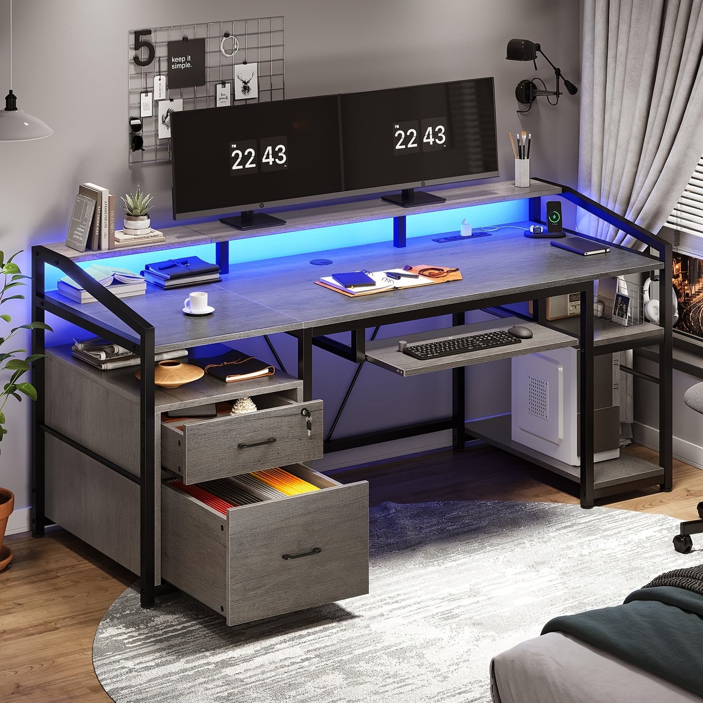 63" Computer Desk with Lockable Drawers & LED Lights