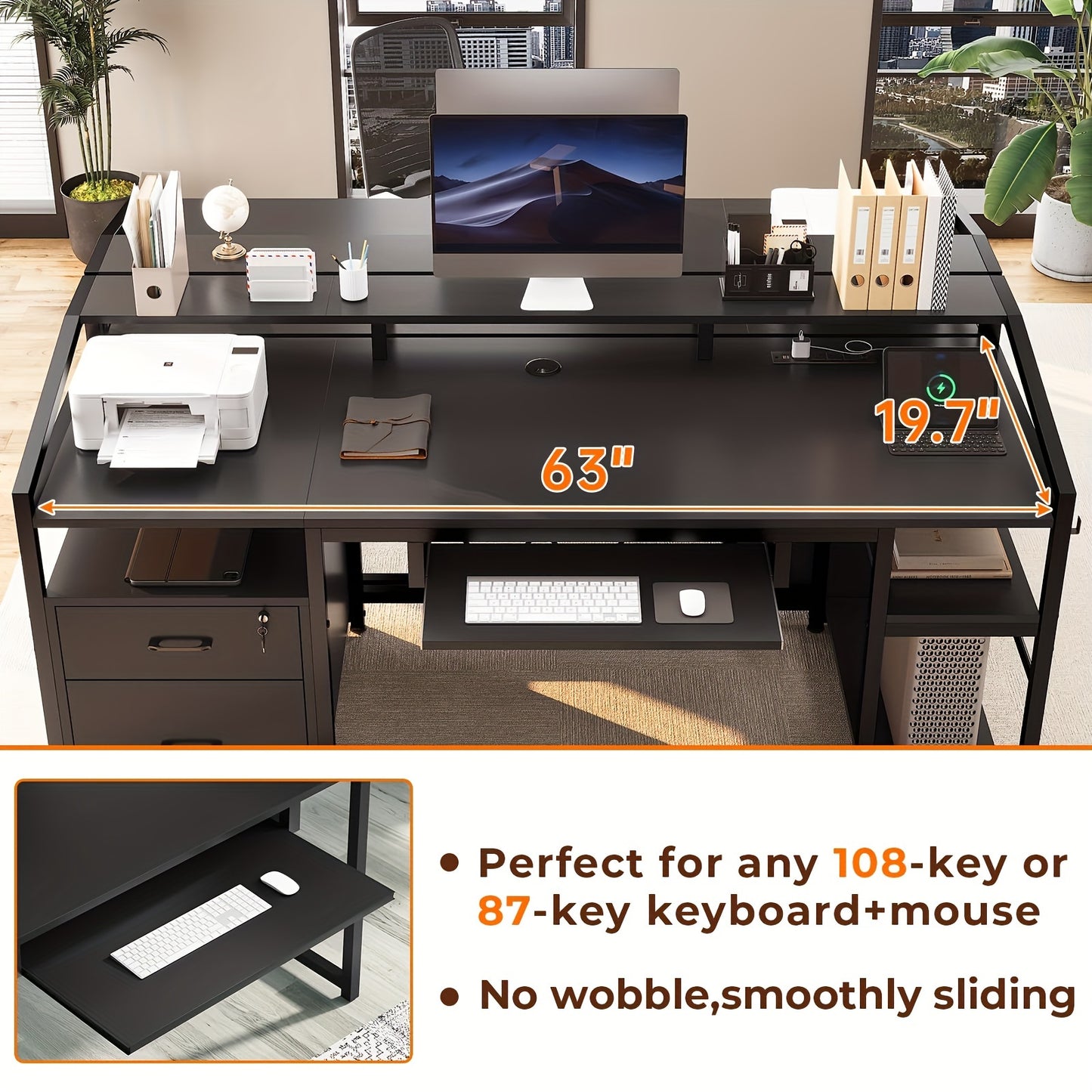 63" Computer Desk with Lockable Drawers & LED Lights