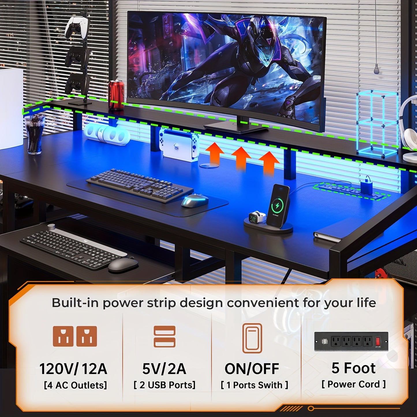 63" Computer Desk with Lockable Drawers & LED Lights