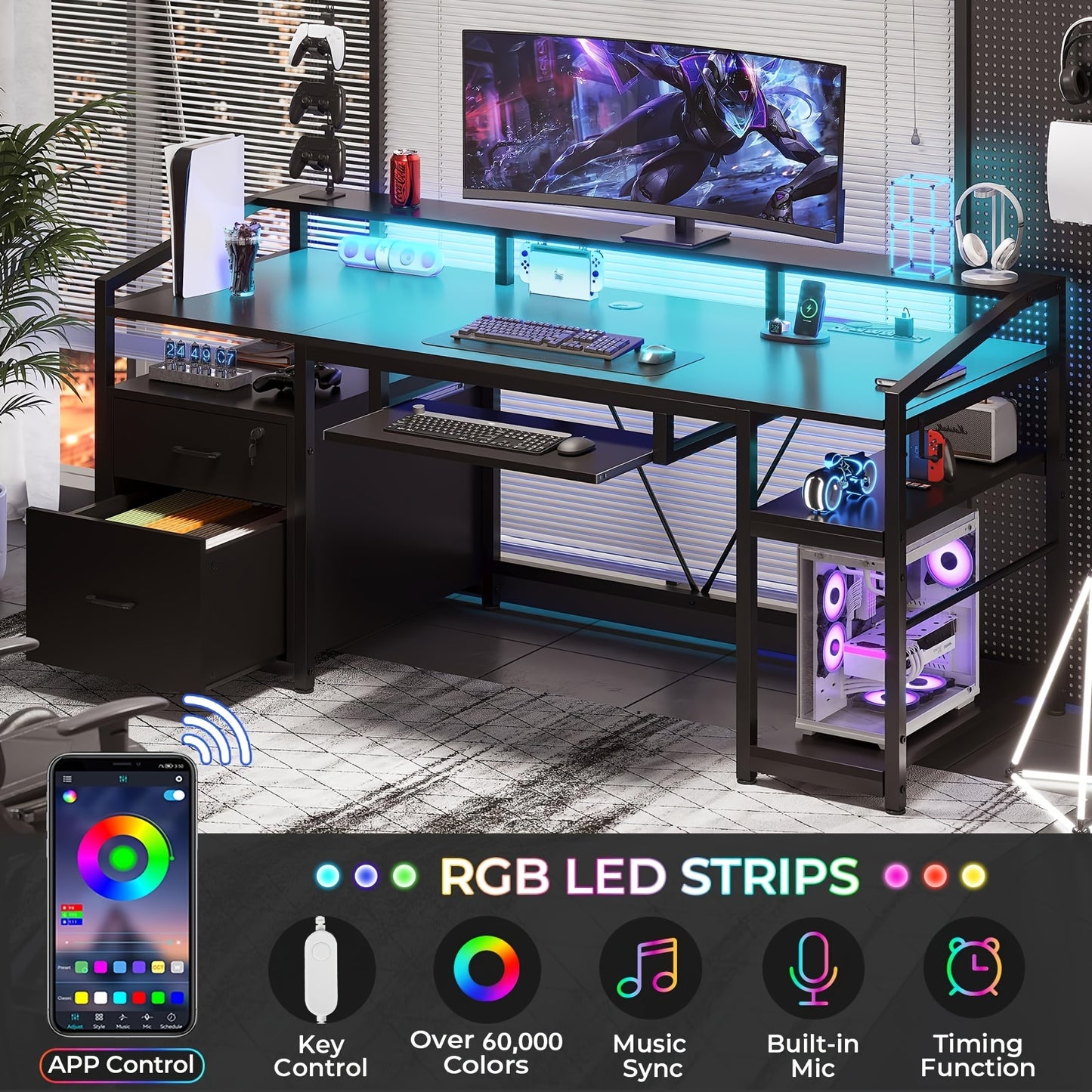 63" Computer Desk with Lockable Drawers & LED Lights