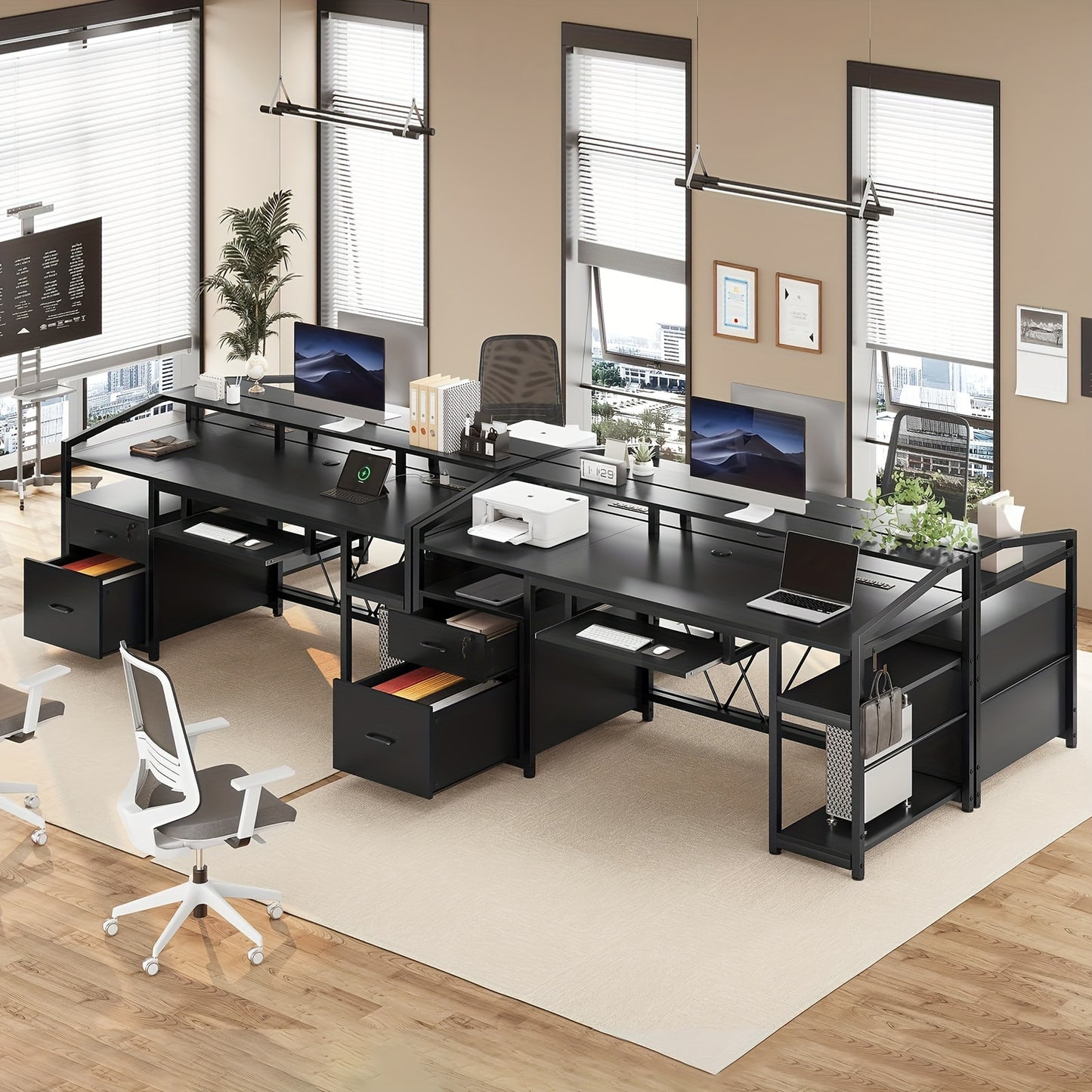63" Computer Desk with Lockable Drawers & LED Lights