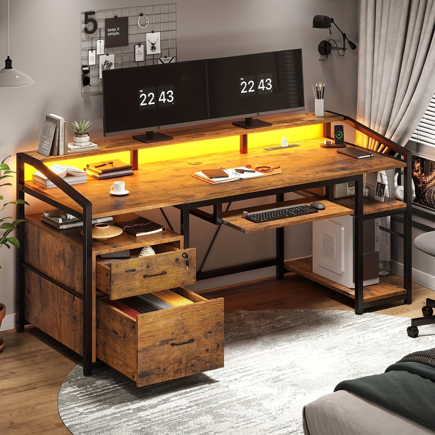 63" Computer Desk with Lockable Drawers & LED Lights