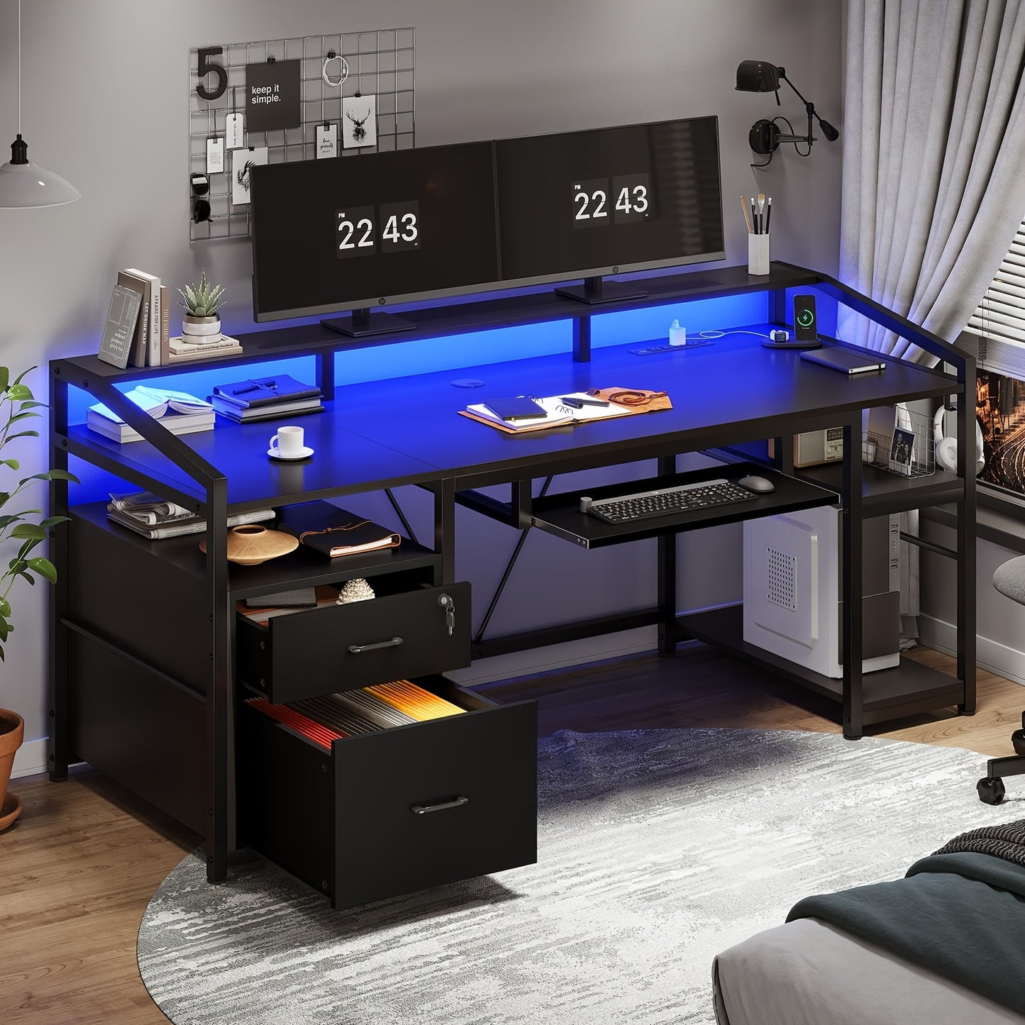 63" Computer Desk with Lockable Drawers & LED Lights