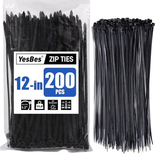 200pc 12" Black Cable Zip Ties