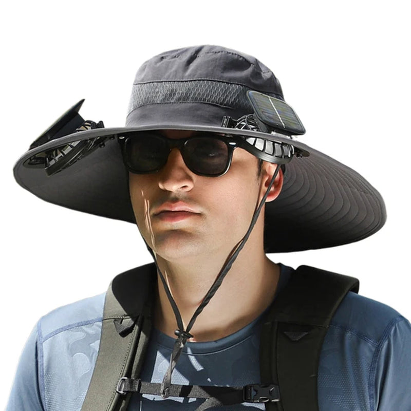 Outdoor Fishing Hat with Solar Fan Sun Hat USB Charging Fisherman Cowboy Hat Portable Bucket Hat for Summer Riding Hiking