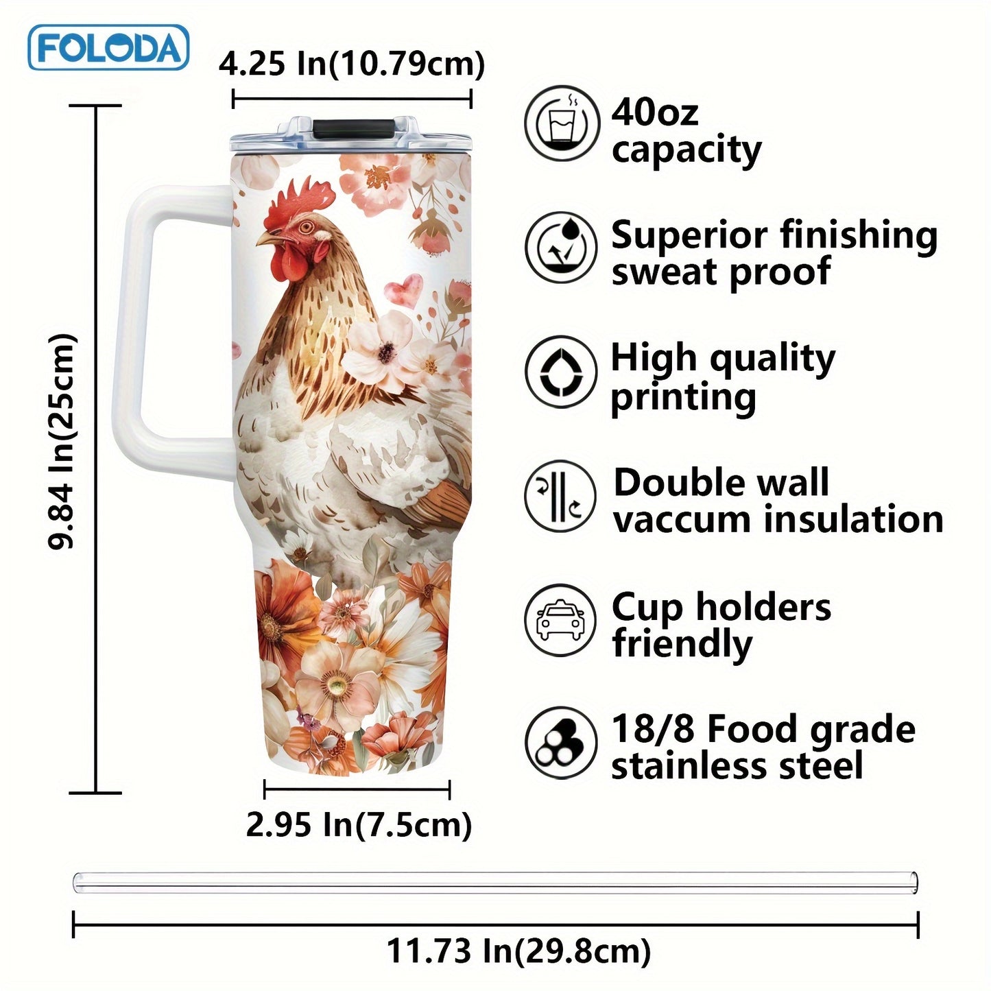 40oz Chicken Tumbler with Lid & Straw