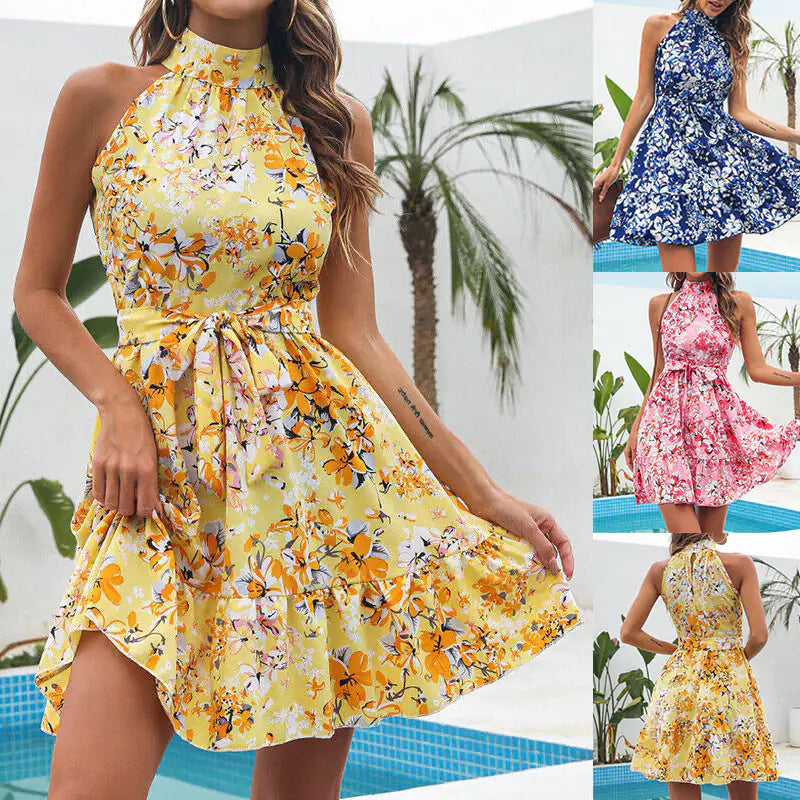 Flowers Print Halter Neck Dress Summer Fashion