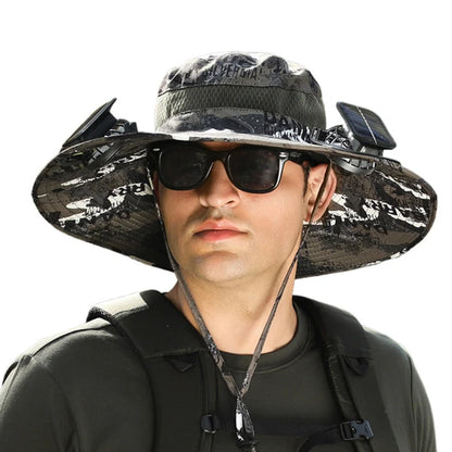 Outdoor Fishing Hat with Solar Fan Sun Hat USB Charging Fisherman Cowboy Hat Portable Bucket Hat for Summer Riding Hiking