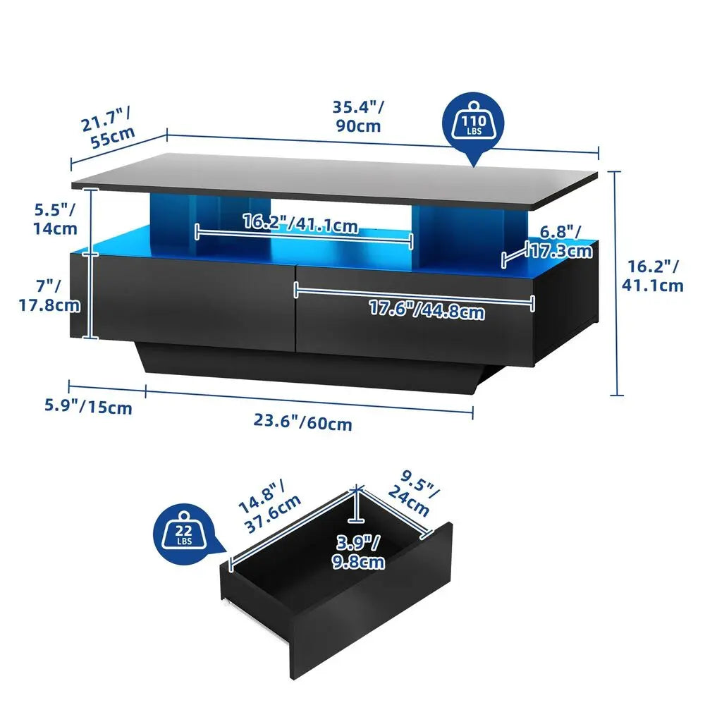 Black LED Coffee Table with Drawers