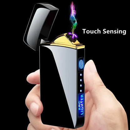 Electric Windproof Metal Lighter Double Arc Flameless Plasma Rechargeable USB Lighter LED Power Display Touch Sensor Lighters