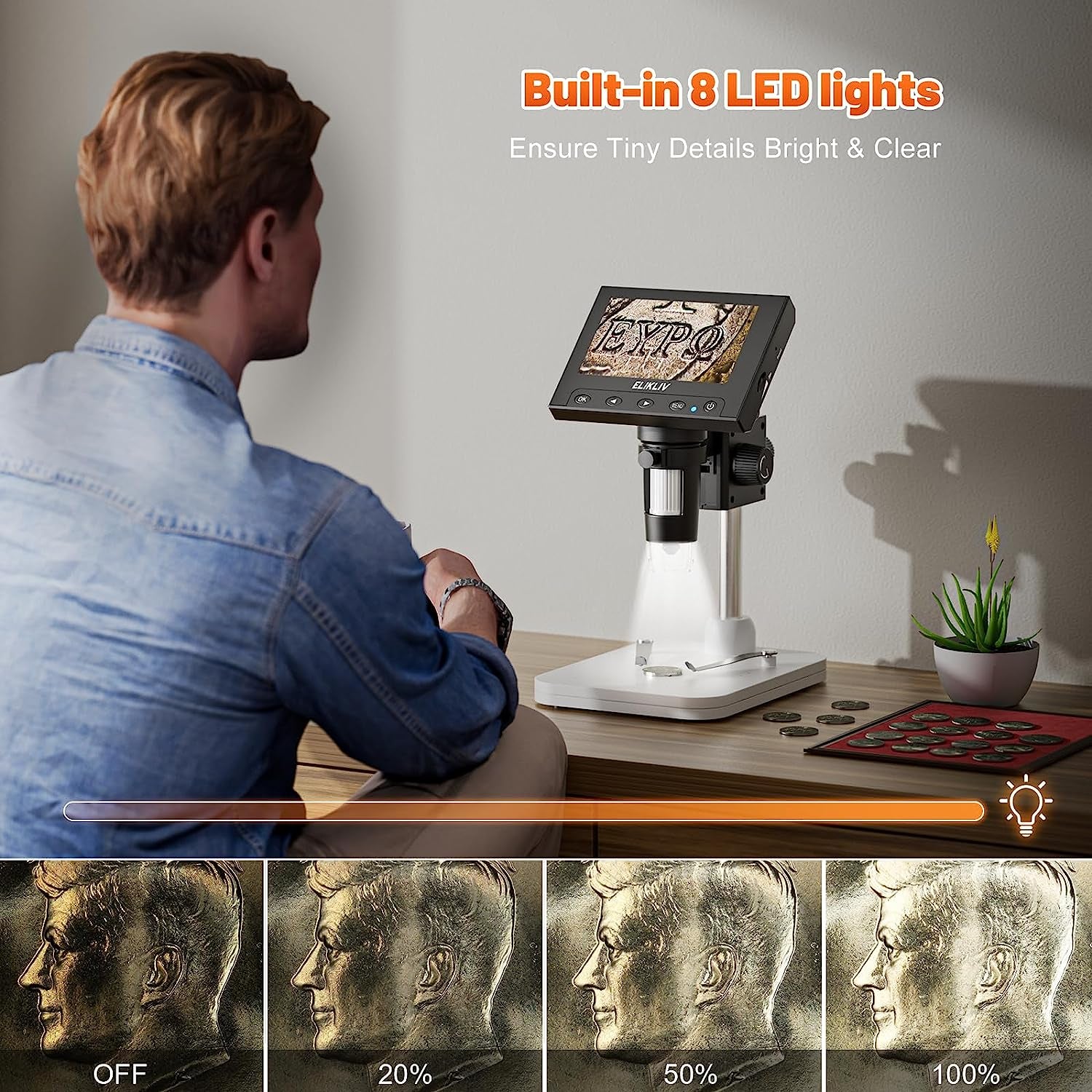 LCD Digital Coin Microscope 4.3'' Display & LED Lights