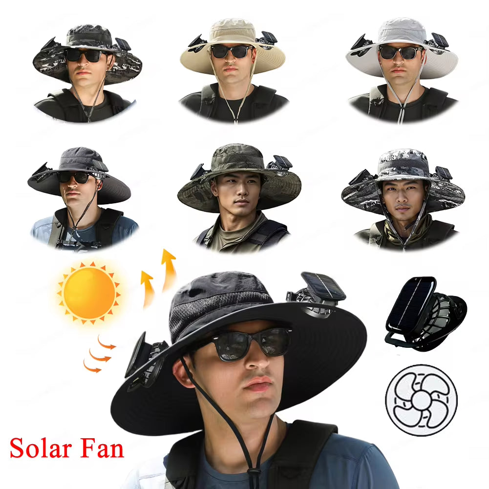 Outdoor Fishing Hat with Solar Fan Sun Hat USB Charging Fisherman Cowboy Hat Portable Bucket Hat for Summer Riding Hiking