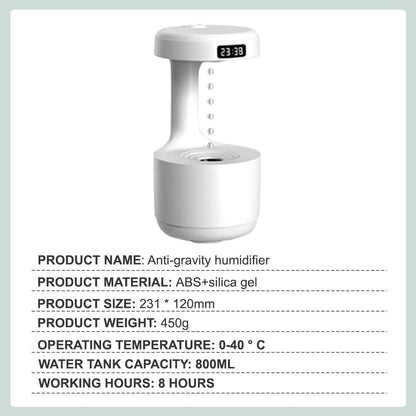 Anti-Gravity Droplet Humidifier – 800ML Air Humidifier with LED Smart Display Clock