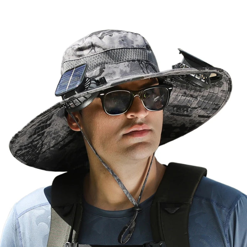 Outdoor Fishing Hat with Solar Fan Sun Hat USB Charging Fisherman Cowboy Hat Portable Bucket Hat for Summer Riding Hiking