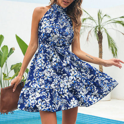 Flowers Print Halter Neck Dress Summer Fashion